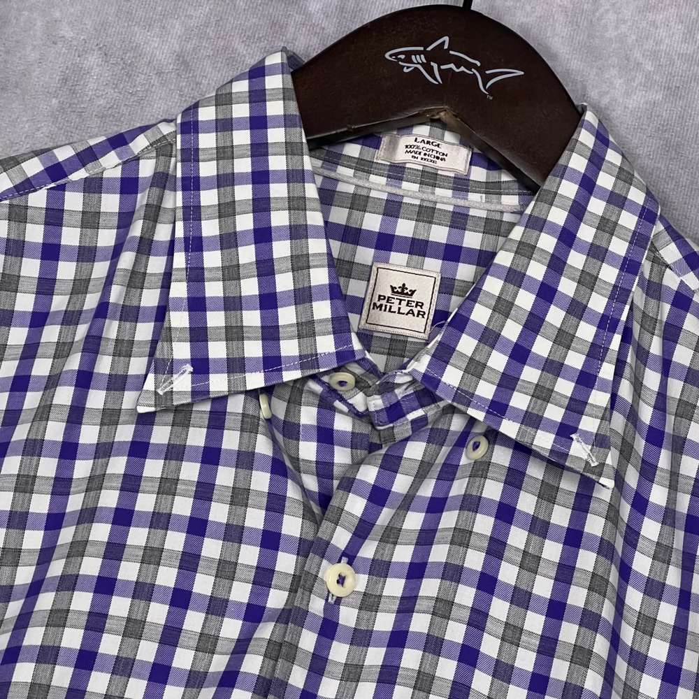 Peter Millar Button Down Shirt Mens Large Purple Grey Gingham Excellent Cotton